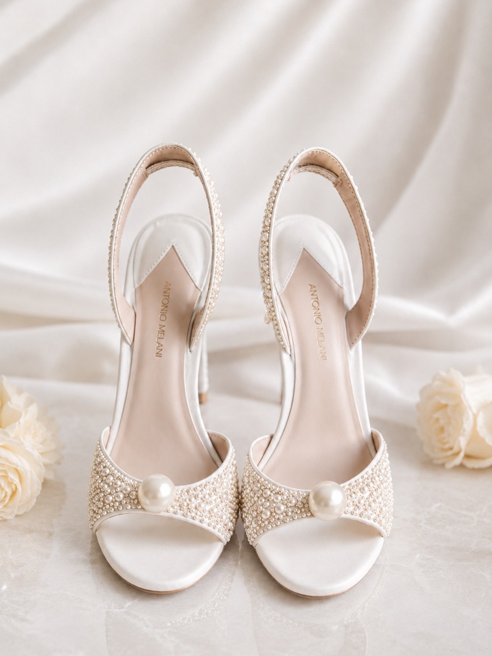 ANTONIO MELANI Pearl Embellished Slingback Ivory Dress Sandals Size 8